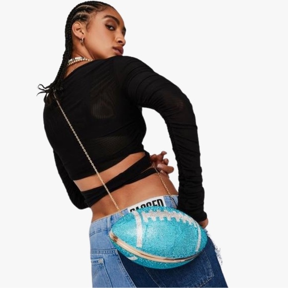 Unique Pink Silver Rhinestone Embellished Football Clutch Purse Handbag - Picture 5 of 5